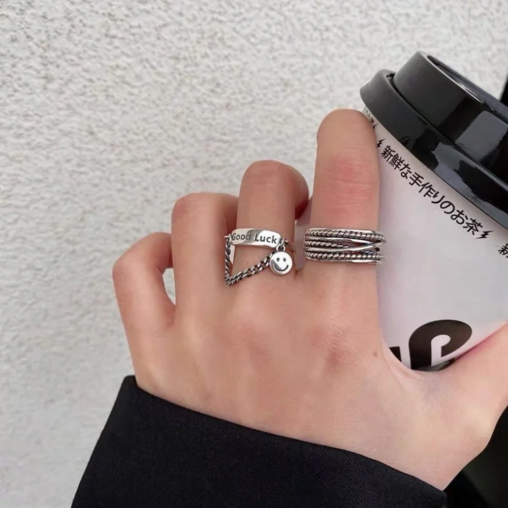 Smiley face ring, silver chain ring, lucky ring, stacking silver ring
